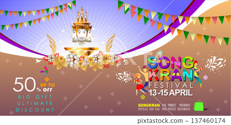 Songkran sale promotion banner for Songkran Festival Abstract background. Thai New Year Holiday. The Water Splash Festival. Vector and Illustration, EPS 10. Songkran sale promotion banner for Songkran Festival Abstract background. Thai New Year Holiday. The Water Splash Festival. Vector and Illustration, EPS 10. 137460174