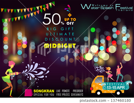 Songkran sale promotion banner for Songkran Festival Abstract background. Thai New Year Holiday. The Water Splash Festival. Vector and Illustration, EPS 10. Songkran sale promotion banner for Songkran Festival Abstract background. Thai New Year Holiday. The Water Splash Festival. Vector and Illustration, EPS 10. 137460180