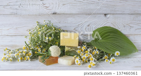 Natural handmade soap with chamomile and bath bomb. Natural handmade soap and chamomile flowers on a white wooden background. 137460361