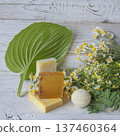 Natural handmade soap with chamomile and bath bomb. Natural handmade soap and chamomile flowers on a white wooden background. 137460364