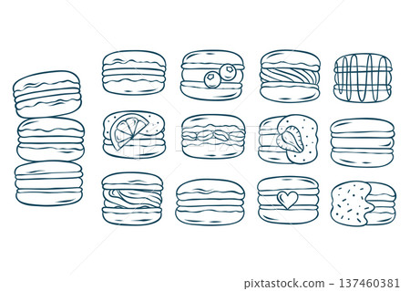 Big vector set, an assortment of macaroons, French pastries in doodle and sketch style with Mediterranean blue lines. hand-drawn for bakery branding and menus Big vector set, an assortment of macaroons, French pastries in doodle and sketch style with Mediterranean blue lines. hand-drawn for bakery branding and menus 137460381