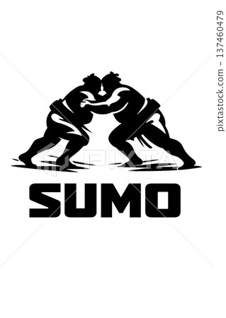 black and white signage sumo word grappling Japan traditional wrestling label calligraphy text. Sumotori wrestlers abstract presentation banner typography 137460479