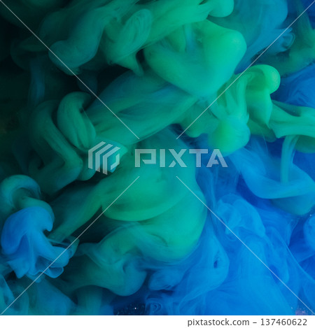 Paint blend. Color haze pigment. Defocused blue green bright water cloud acrylic underwater splash spreading on abstract background. Paint blend. Color haze pigment. Defocused blue green bright water cloud acrylic underwater splash spreading on abstract background. 137460622