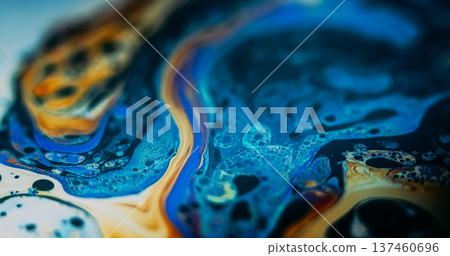 Paint water. Color fluid. Defocused orange blue purple acrylic bubbles chemical round fuel oil droplets wave on abstract art background. 137460696