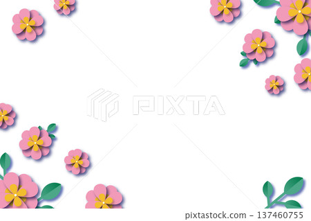 Pink Paper Cut Flower Frame with Leaves on White Background. Floral Spring Border with Copy Space. Vector Illustration 137460755