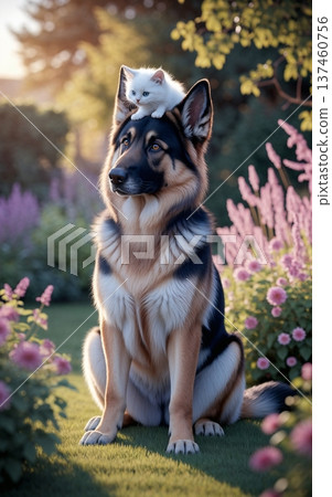 The image shows a German Shepherd sitting in a garden with a small white kitten on its head 137460756