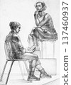 hand-drawn two sitting female models on podium 137460937