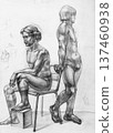 hand-drawn two naked male models on podium 137460938