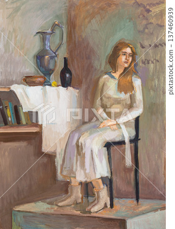 hand-painted dressed female model in studio hand-painted dressed female model in studio 137460939