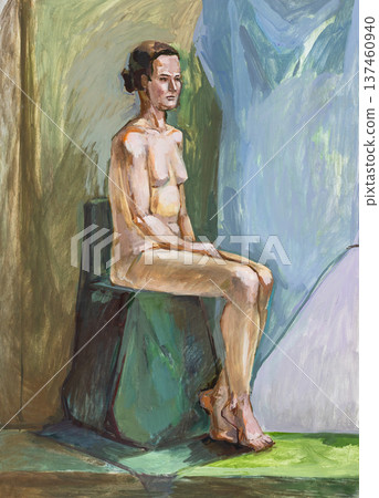 hand-painted naked female model on podium on paper hand-painted naked female model on podium on paper 137460940
