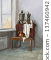 hand-painted still-life with table and window 137460942
