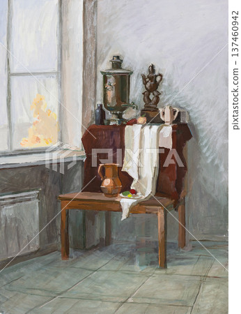 hand-painted still-life with table and window hand-painted still-life with table and window 137460942