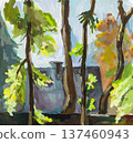 handpainted sunlit trees and roof of village house 137460943