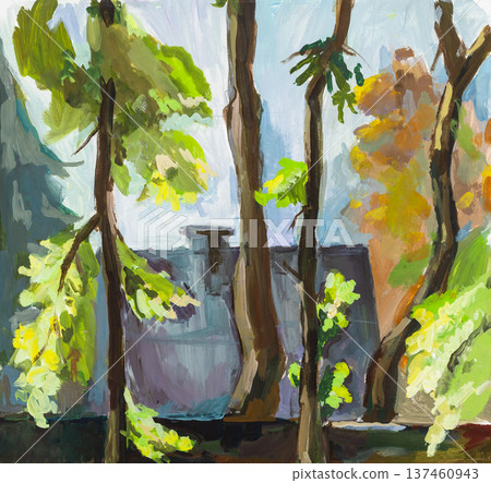 handpainted sunlit trees and roof of village house handpainted sunlit trees and roof of village house 137460943