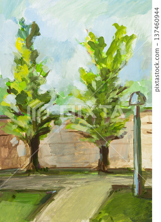 hand-painted green trees near fence of city park hand-painted green trees near fence of city park 137460944