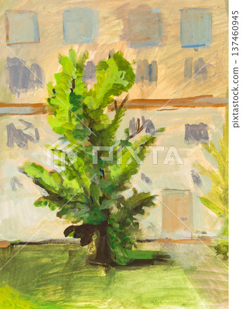 hand-painted green tree near apartment building hand-painted green tree near apartment building 137460945