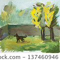 hand-painted dog runs on lawn of village house 137460946