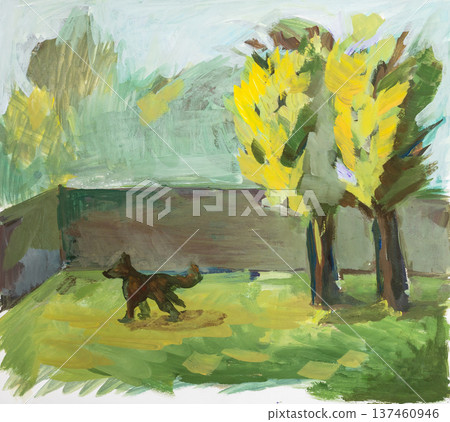 hand-painted dog runs on lawn of village house hand-painted dog runs on lawn of village house 137460946