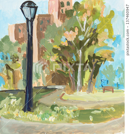 hand-painted outdoor lantern in city park on paper hand-painted outdoor lantern in city park on paper 137460947