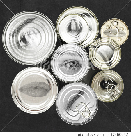 Surreal collage of tin cans with eyes and lips Surreal collage of tin cans with eyes and lips 137460952