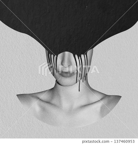 Woman's head covered with dripping black ink Woman's head covered with dripping black ink 137460953