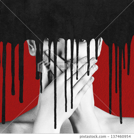 Person covering mouth with paint dripping from above 137460954