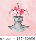 Female head blossoming with pink anthurium flowers 137460956