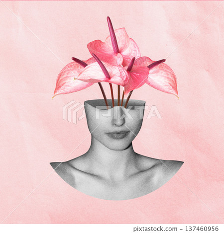 Female head blossoming with pink anthurium flowers Female head blossoming with pink anthurium flowers 137460956