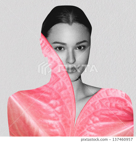 Woman integrating with natural pink anthurium leaf 137460957