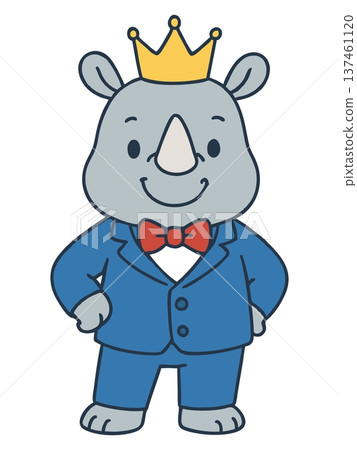 Elegant Cartoon Illustration of a King Rhino with Blue Suit and Crown Elegant Cartoon Illustration of a King Rhino with Blue Suit and Crown 137461120