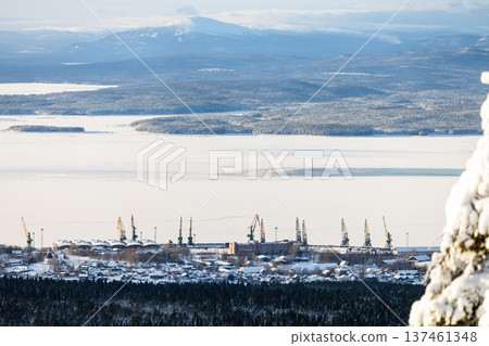 aerial view of Kandalaksha town with sea port aerial view of Kandalaksha town with sea port 137461348