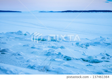 snowbound surface of Kandalaksha Bay, winter dusk 137461364