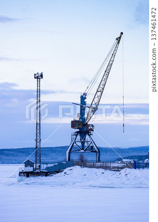 port crane on coast of White Sea in Kandalaksha 137461472