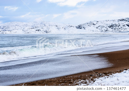 water surf on sand beach of Barents Sea, Teriberka 137461477