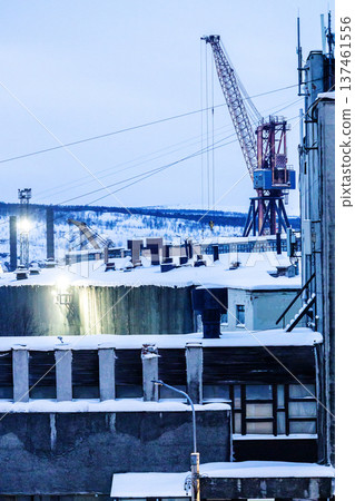 view of crane in blue winter dusk in Murmansk view of crane in blue winter dusk in Murmansk 137461556