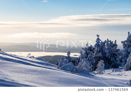 above view of snowy hill slope and Kandalaksha bay above view of snowy hill slope and Kandalaksha bay 137461569