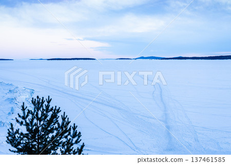pathes of frozen Kandalaksha Bay in winter dusk pathes of frozen Kandalaksha Bay in winter dusk 137461585