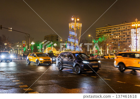 traffic on Pushkinskaya Square in Christmas night traffic on Pushkinskaya Square in Christmas night 137461618