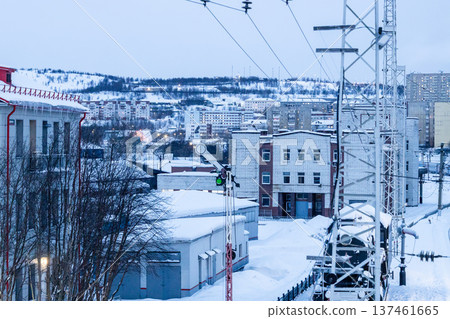 view of Murmansk city with railway in blue evening 137461665