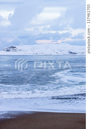view of sand beach of Barents Sea in Teriberka view of sand beach of Barents Sea in Teriberka 137461705