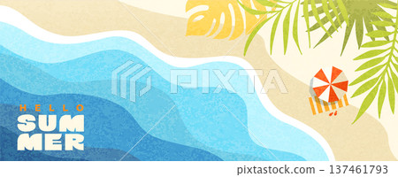 Greeting summer horizontal banner.Wavy sea, beach with sand, beach umbrella for great holiday. Happy summer textured theme. Bright positive vibe design. Template for sales, posters, covers, ads.Vector Greeting summer horizontal banner.Wavy sea, beach with sand, beach umbrella for great holiday. Happy summer textured theme. Bright positive vibe design. Template for sales, posters, covers, ads.Vector 137461793