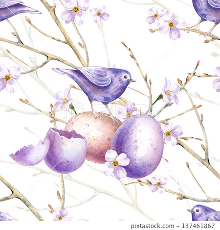 Seamless watercolor pattern with a small blue bird, painted eggs, bare tree branches and white flowers. Botanical illustration on an isolated background. A spring background for Easter and spring 137461867