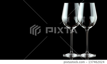 Two elegant wine glasses stand side by side on a dark background, reflecting light. Concept: simplicity, elegance, and luxury. 137462024