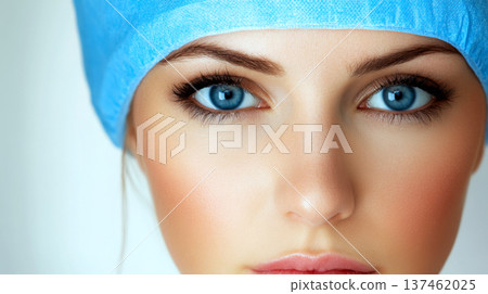 A close-up of a person with blue eyes wearing a blue cap. Concept: beauty, focus, gaze. 137462025