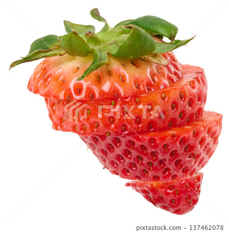 Ripe strawberries, cut into even circles and folded into a berry shape, on a white background 137462078