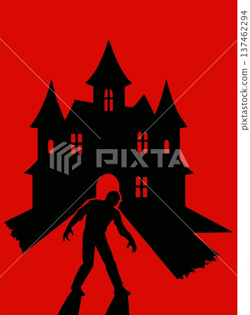 Zombie Silhouette in Front of Haunted House with Dramatic Red Background Zombie Silhouette in Front of Haunted House with Dramatic Red Background 137462294