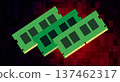 Green DDR RAM Memory Modules Computer Hardware Components Floating Against Dark Red Background 137462317