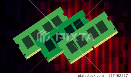 Green DDR RAM Memory Modules Computer Hardware Components Floating Against Dark Red Background Green DDR RAM Memory Modules Computer Hardware Components Floating Against Dark Red Background 137462317
