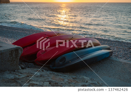 Boats and Beach of Etretat at Sunset Boats and Beach of Etretat at Sunset 137462426