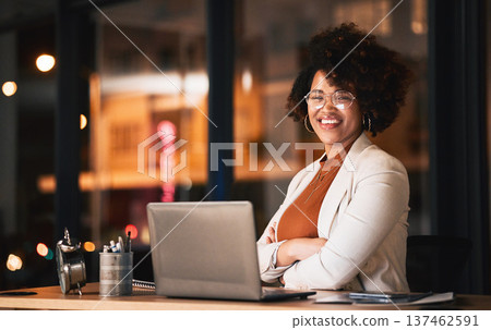 Business woman, face and arms crossed on laptop for night planning, marketing research and online management. Professional african person or editor portrait on computer with career mindset and bokeh Business woman, face and arms crossed on laptop for night planning, marketing research and online management. Professional african person or editor portrait on computer with career mindset and bokeh 137462591